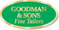 Sample of oval shaped goodman and sons fine tailors gold embossed label with green background